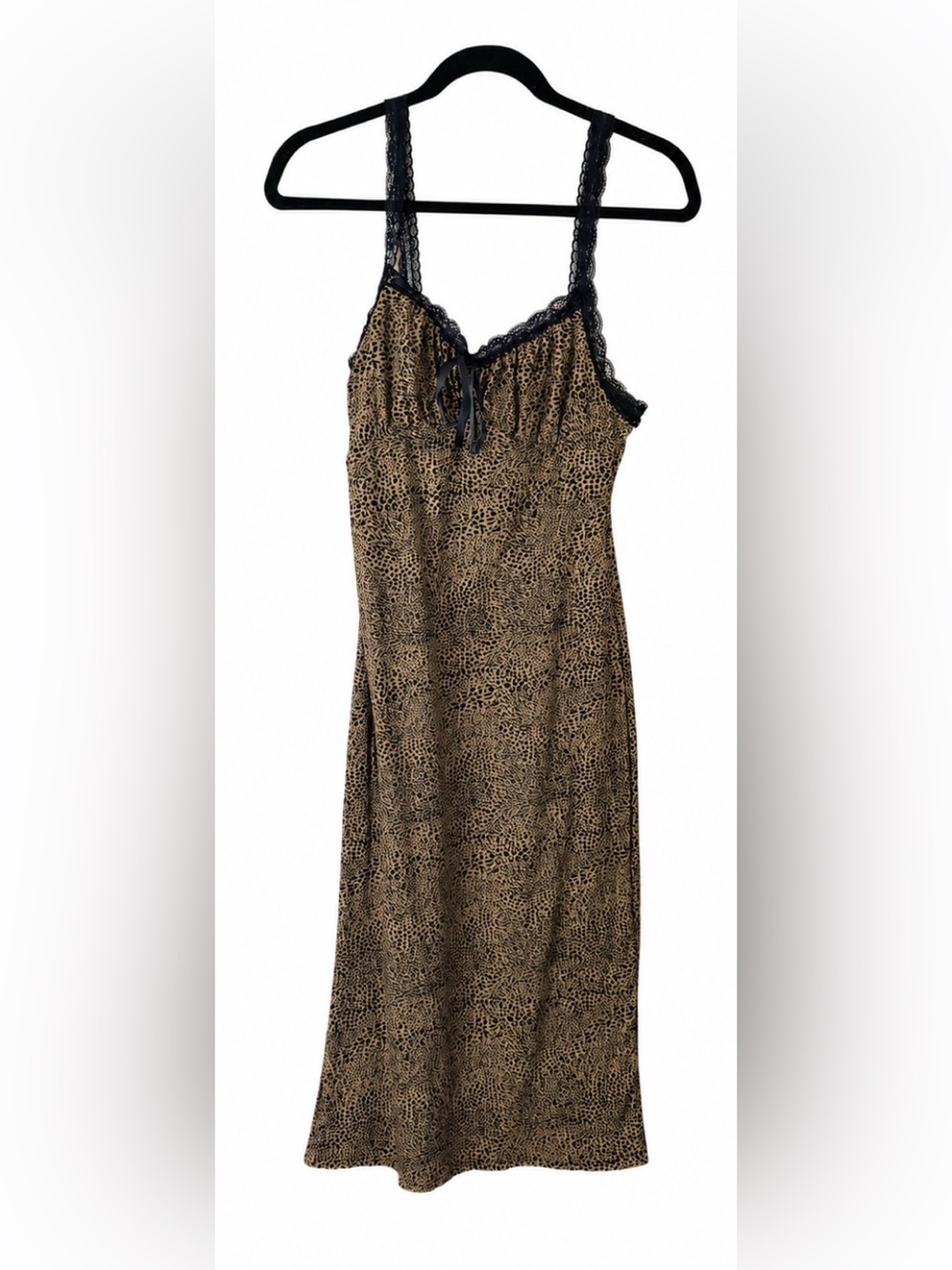 No Boundaries Brown Leopard-Print Lace Trim Midi Slip Dress Size M